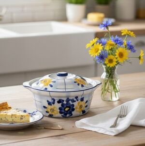 Stoneware Floral Multicolor Blue Yellow White Casserole Dish With Lid
